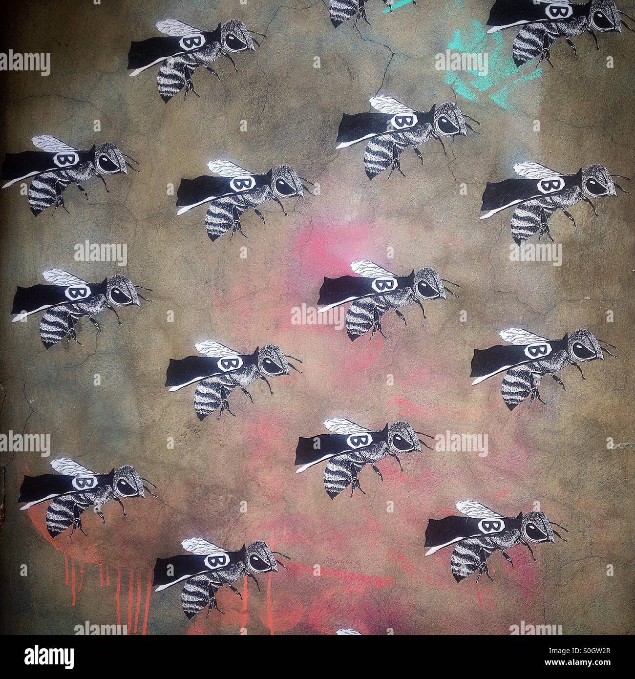 Bees images by artist Diana Garcia decorate a wall promoting organic small farmers agriculture in Colonia Roma, Mexico City, Mexico - Smartphone Captured Stock Image