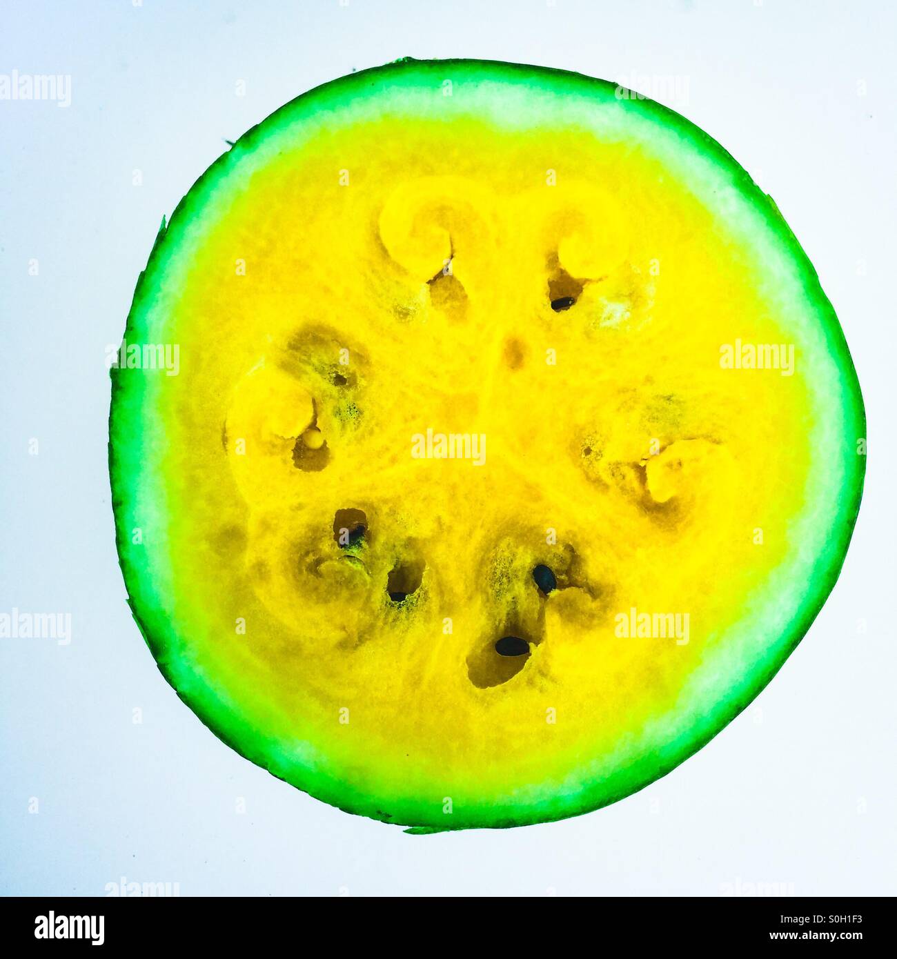 Yellow summer watermelon, cut in half and photographed from above. Dramatic edit. - Smartphone Captured Stock Image