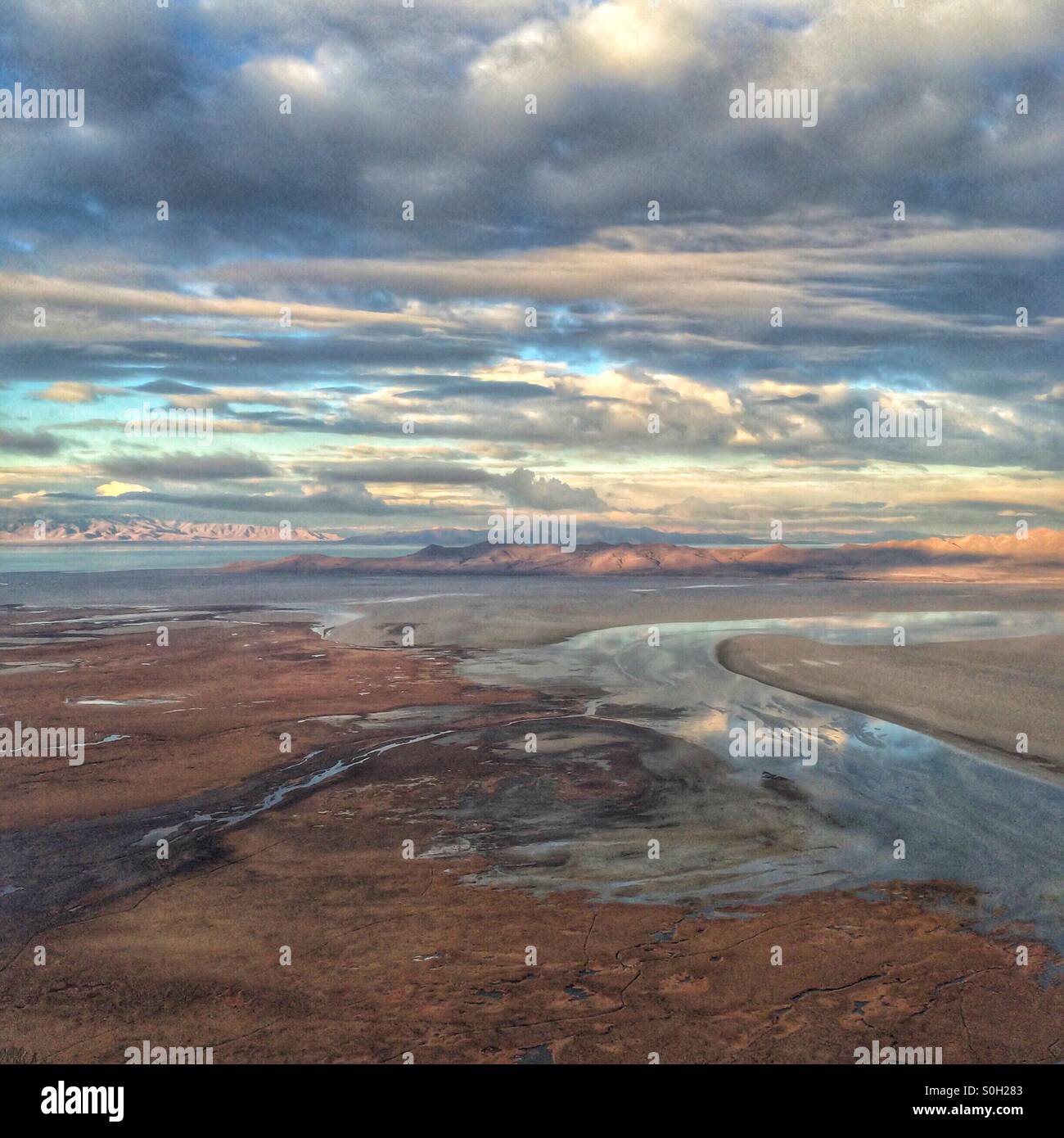 Aerial view of clouds and the Great Salt Lake in early morning light, Utah, USA - Smartphone Captured Stock Image