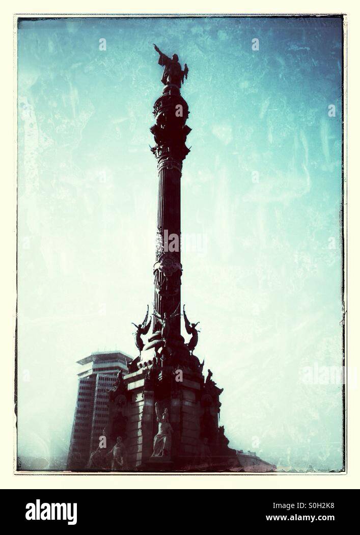 Christopher Columbus sculpture in Barcelona, Spain - Smartphone Captured Stock Image