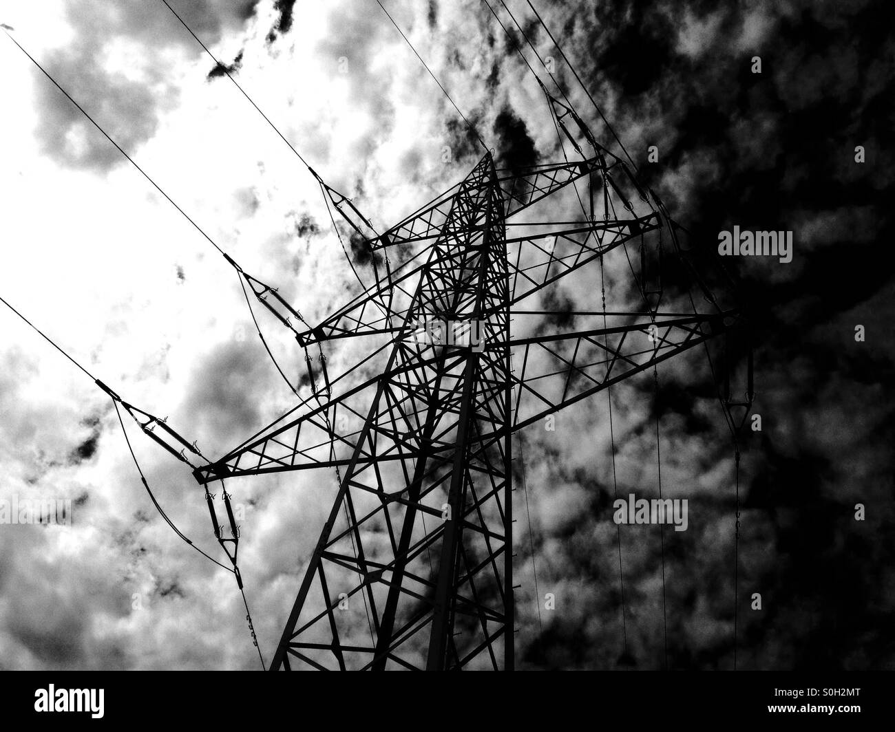 High-voltage electricity pylon, Leichlingen, Germany. Stock Photo