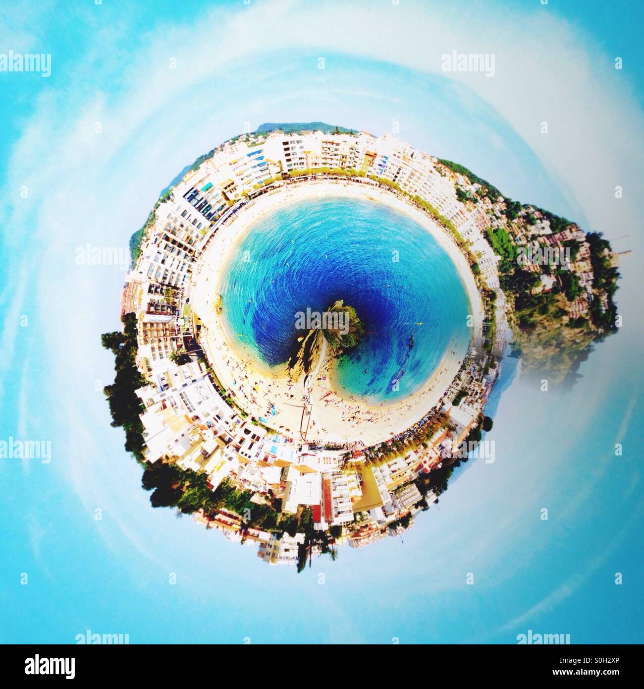 Tiny planet view of city and beach of Blanes, Girona, Spain - Smartphone Captured Stock Image