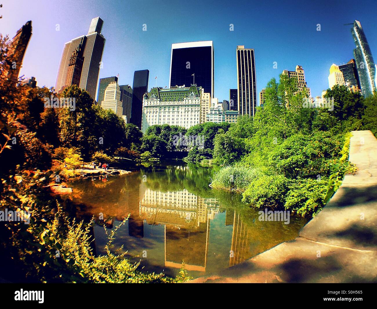 The plaza hotel and midtown skyline reflected in the pond at central park NYC - Smartphone Captured Stock Image
