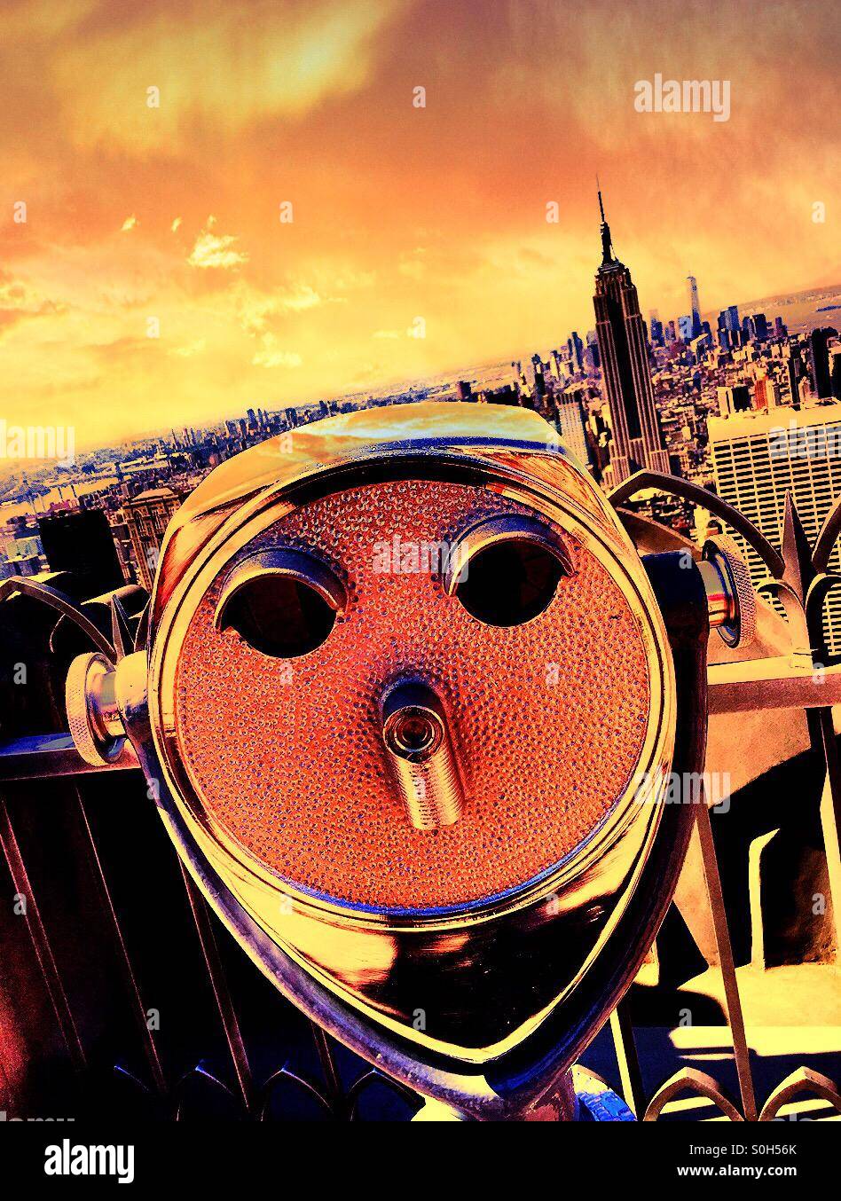 Coin operated pay for view Art Deco style binoculars at top of the rock NYC - Smartphone Captured Stock Image