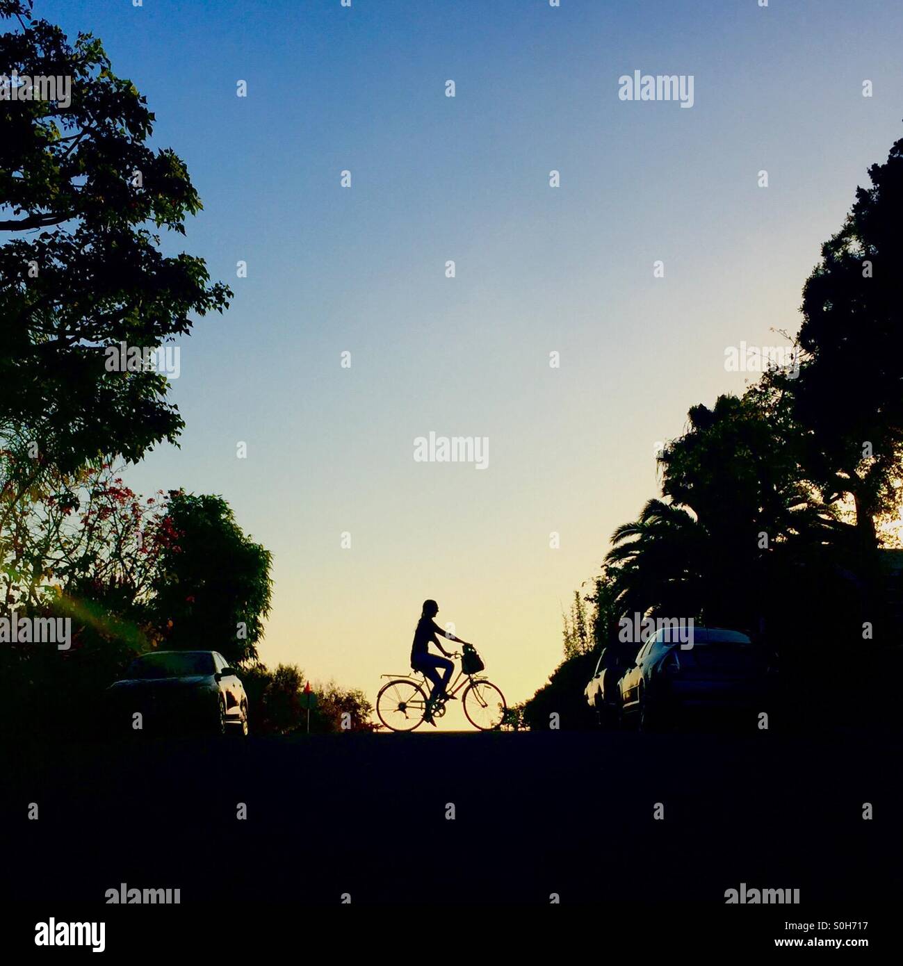 Silhouette of a girl riding a bike Stock Photo