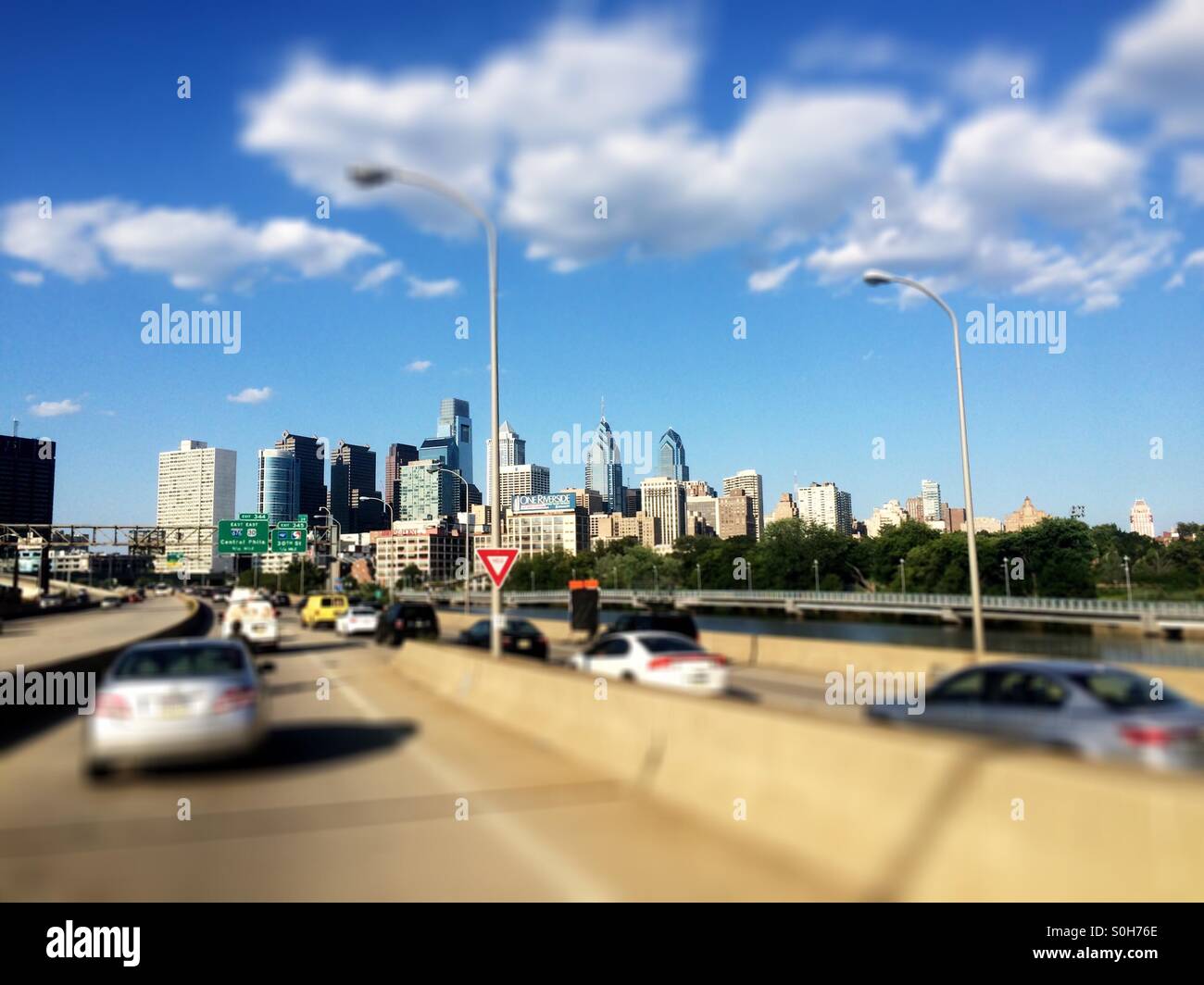 Merging onto highway 76 - with Philadelphia skyline in background - Smartphone Captured Stock Image