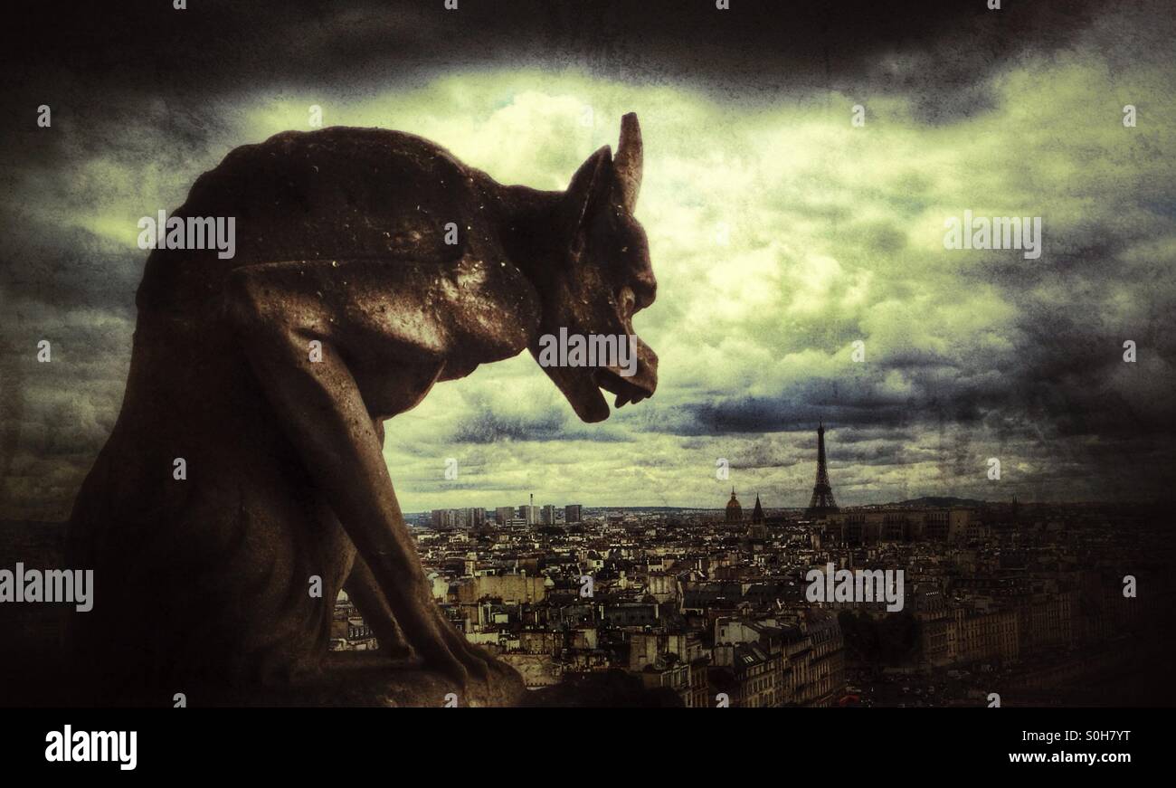 Gargoyle of Notre Dame looking over Eiffel Tower on Paris, France - Smartphone Captured Stock Image
