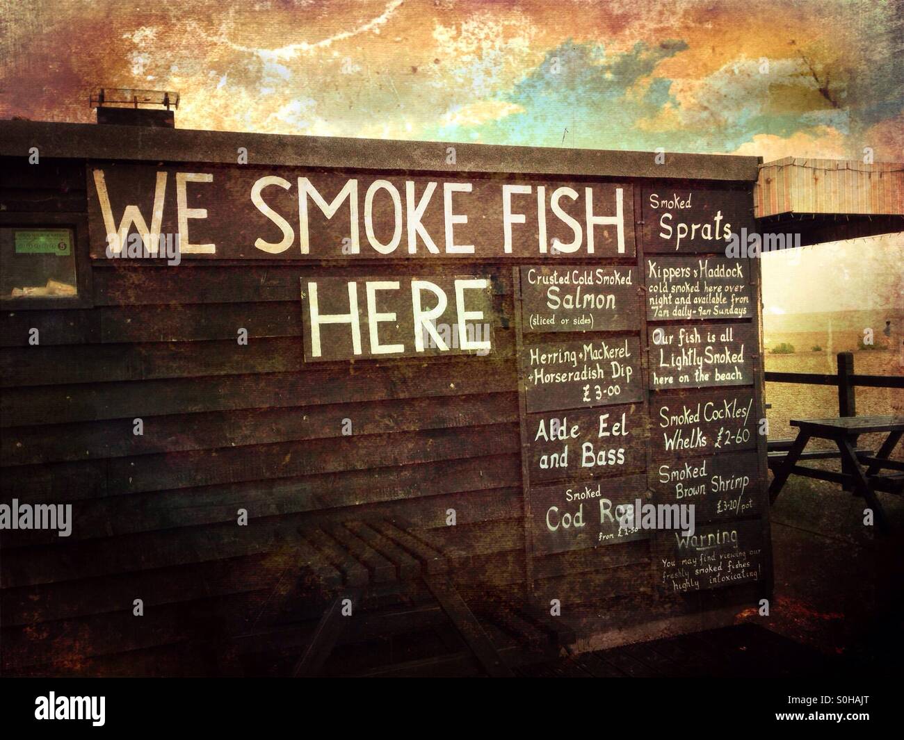 Hut selling smoked fish, Aldeburgh, Suffolk, England. - Smartphone Captured Stock Image