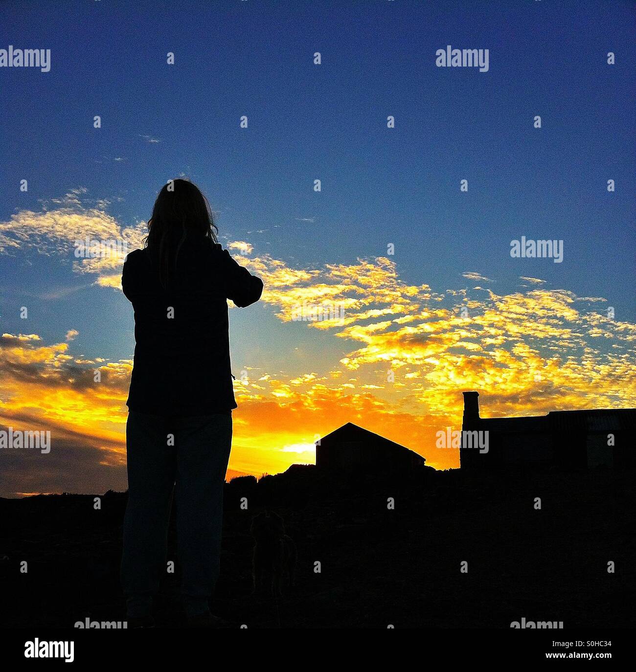 Silhouette of woman watching the setting sun hi-res stock photography ...