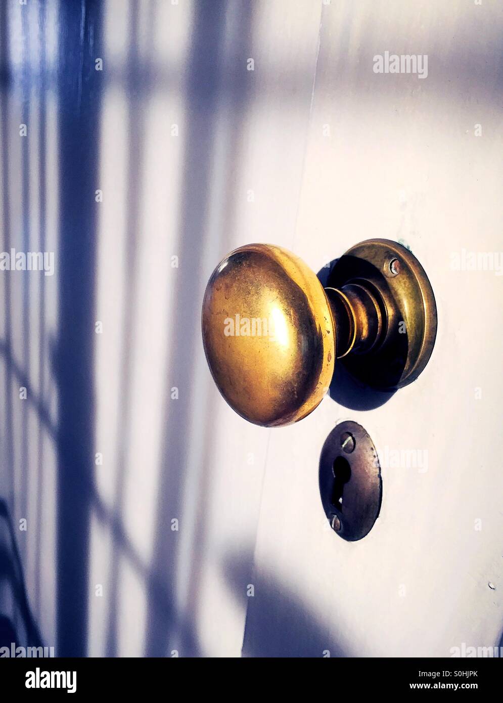 Vintage Brass Door Knob And Skeleton Key Keyhole On Wooden Door