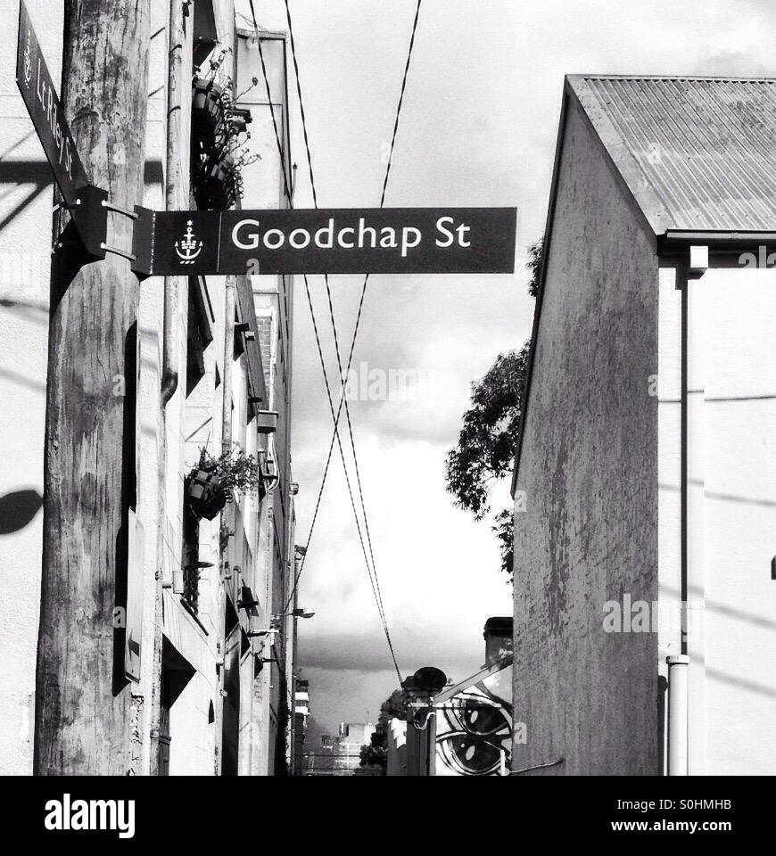A black and white shot of a back street in an old part of Surry Hills, Sydney, Australia. Goodchap Street - Smartphone Captured Stock Image