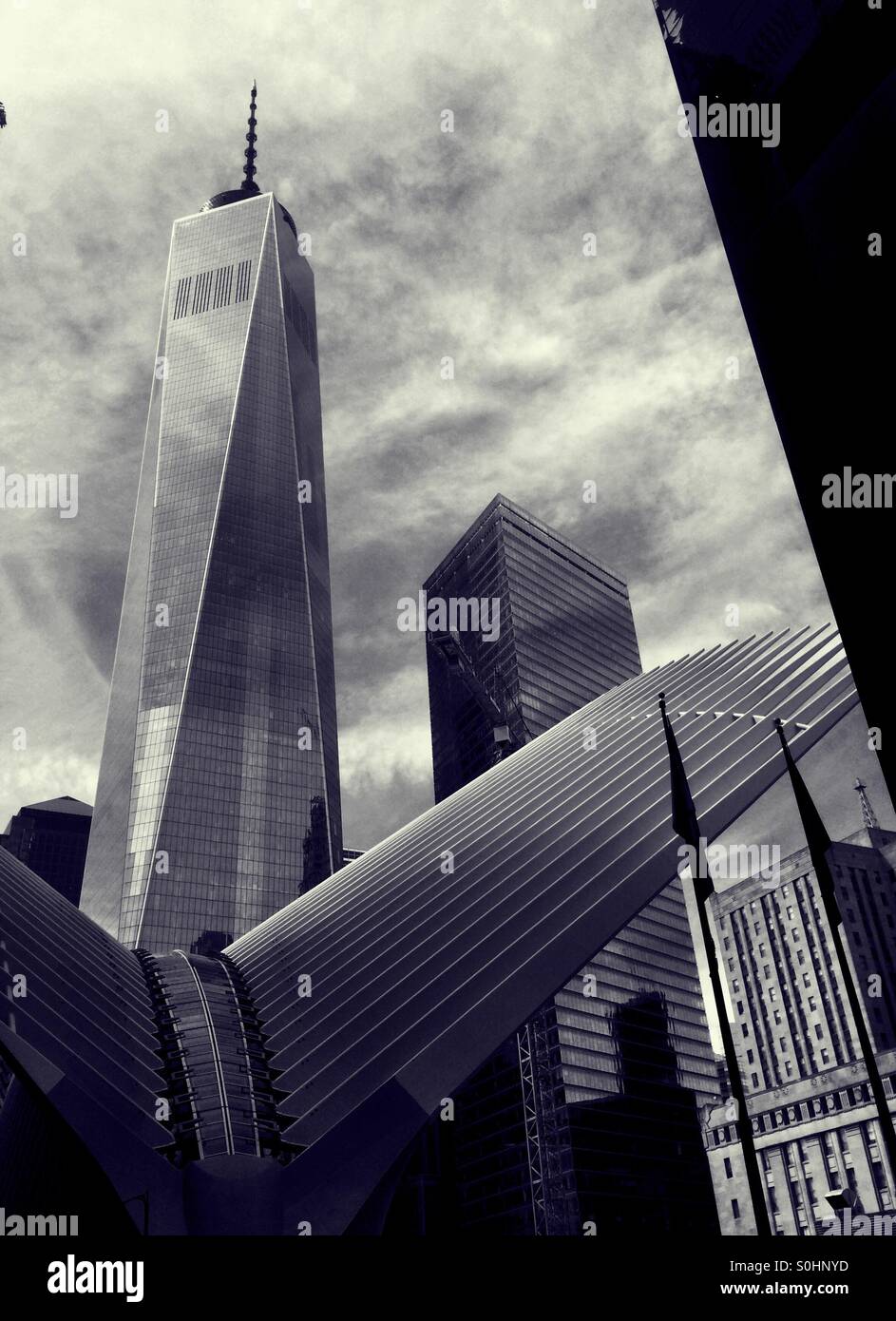 Freedom Tower in lower Manhattan with Train Station - Smartphone Captured Stock Image