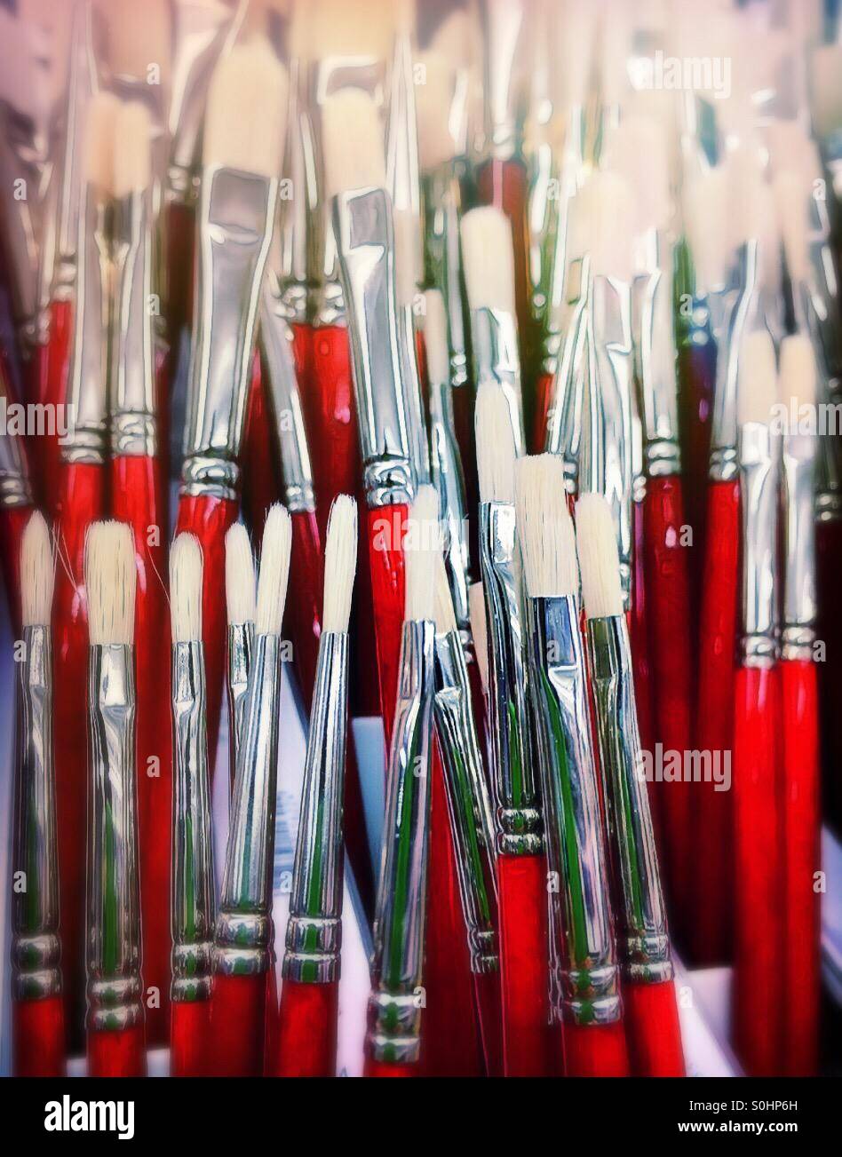 Tapered artists paint brushes in an art supply store display Stock