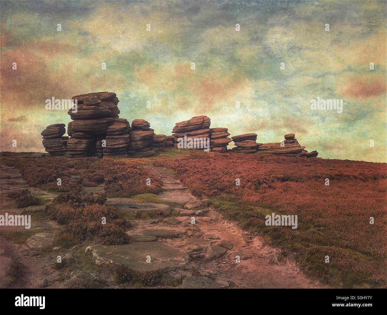 Unusually shaped gritstone tors called Wheel Stones on Derwent Edge, Peak District National Park, UK - Smartphone Captured Stock Image