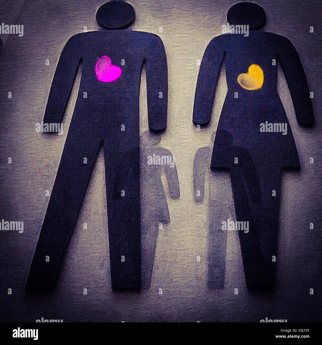 Ubuntu - all of us. Stylized male female figures with hearts, casting shadows in front of them. Concepts — togetherness, moving forward, connections, a shared humanity. Heart to heart. - Smartphone Captured Stock Image