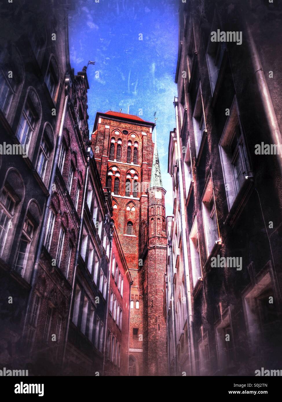 St Mary's church, Gdansk, Poland, at the end of a narrow street. - Smartphone Captured Stock Image