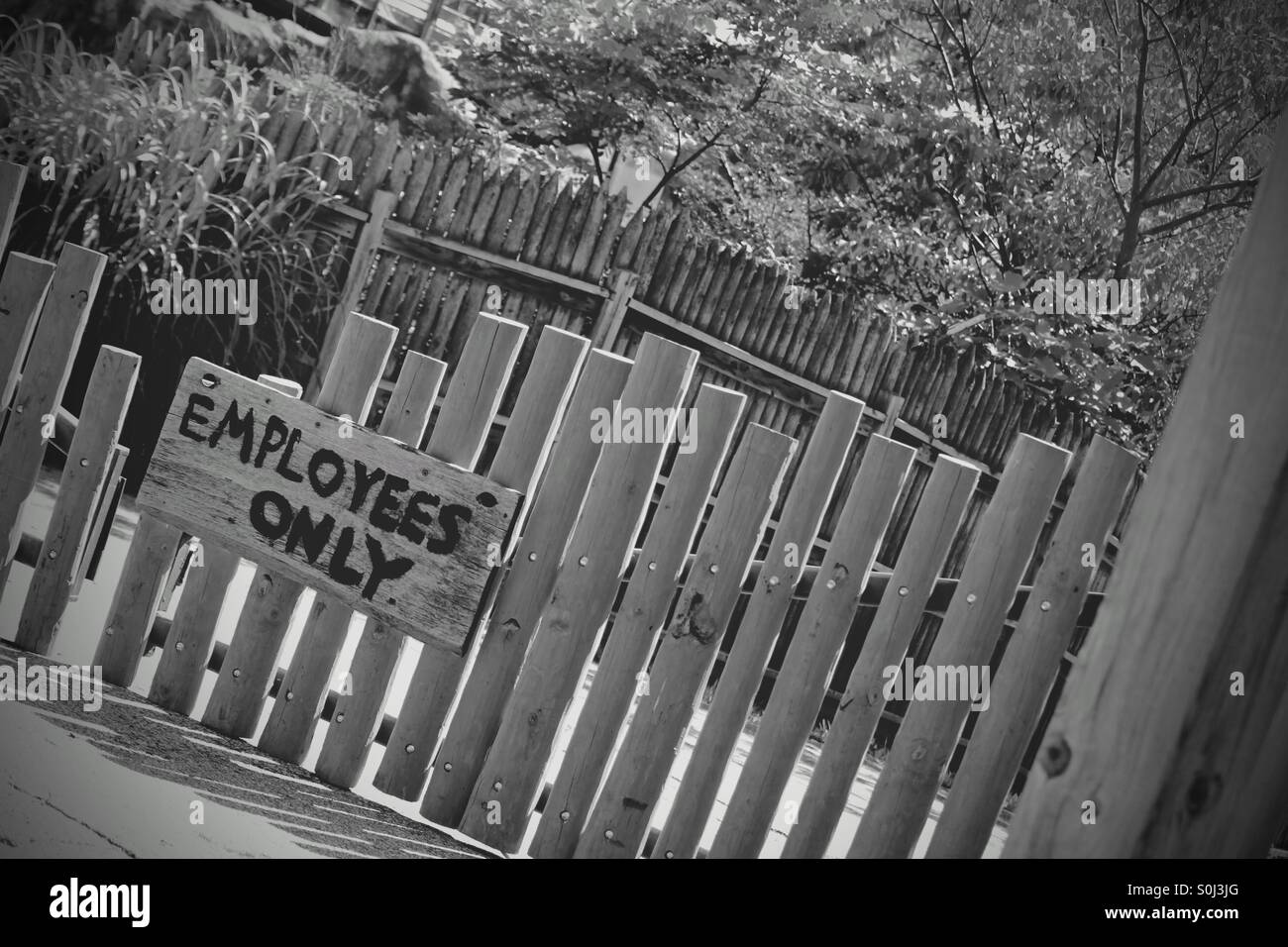 'Employees Only' sign along a bamboo fence at a zoo in Grand Rapids, Michigan Stock Photo