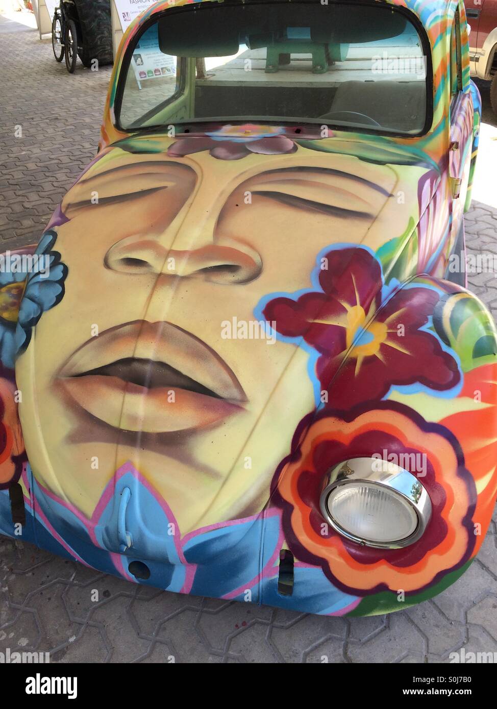 Painted Volkswagen Beetle.  Tulum Mexico Stock Photo