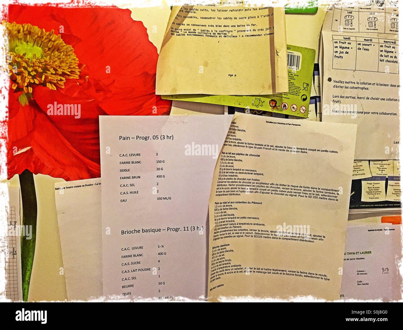Recipes hung on a door with a poppy flower background - Smartphone Captured Stock Image