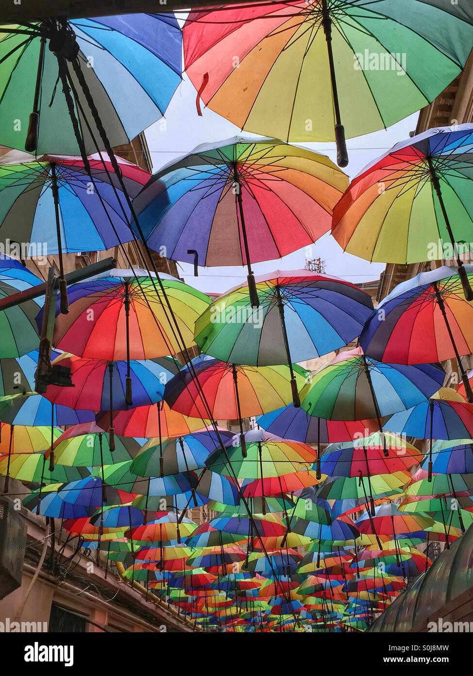 Multicolored umbrellas, urban decoration, Bucharest, Romania - Smartphone Captured Stock Image