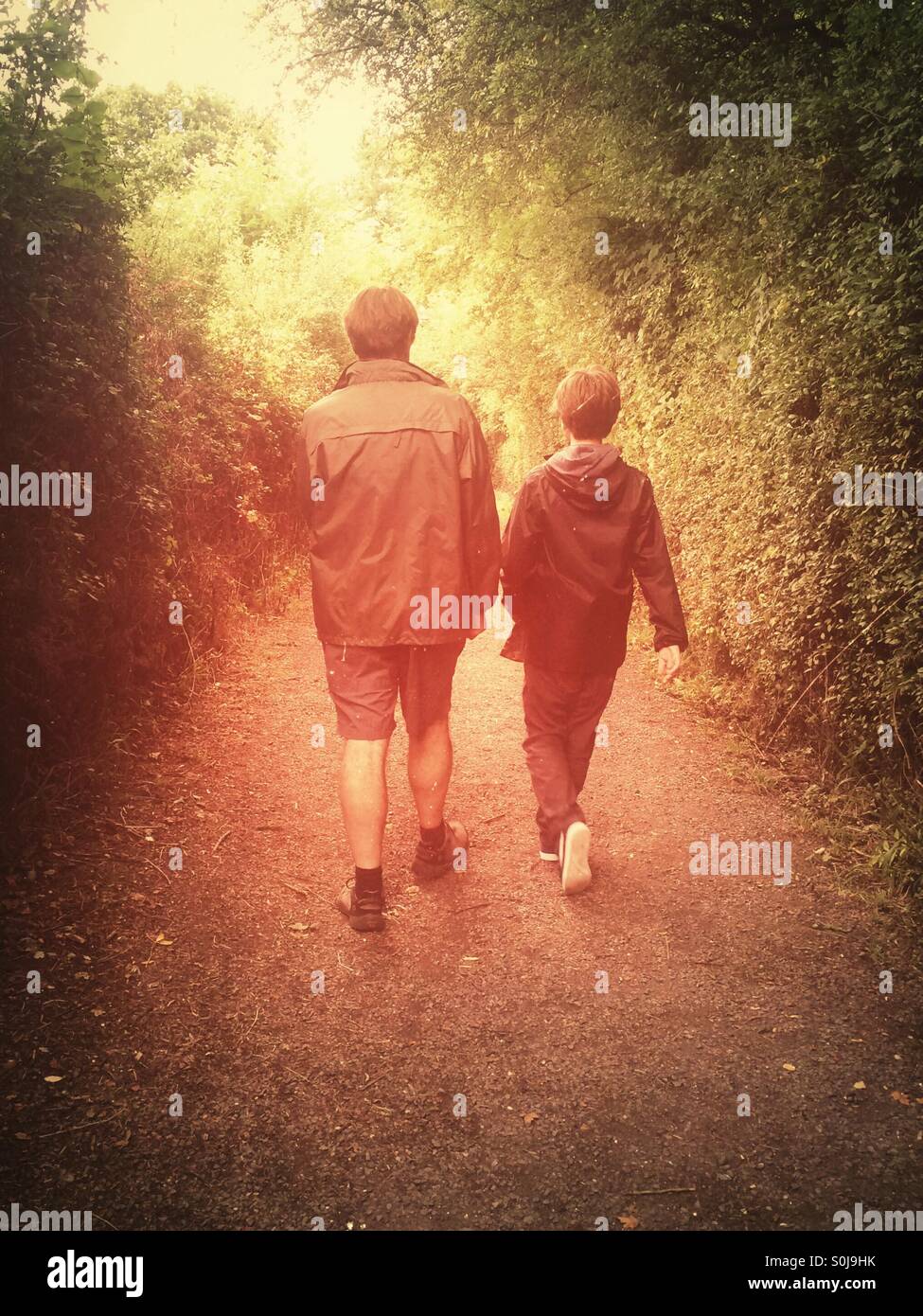 Man and boy walking away on a woodland path - Smartphone Captured Stock Image