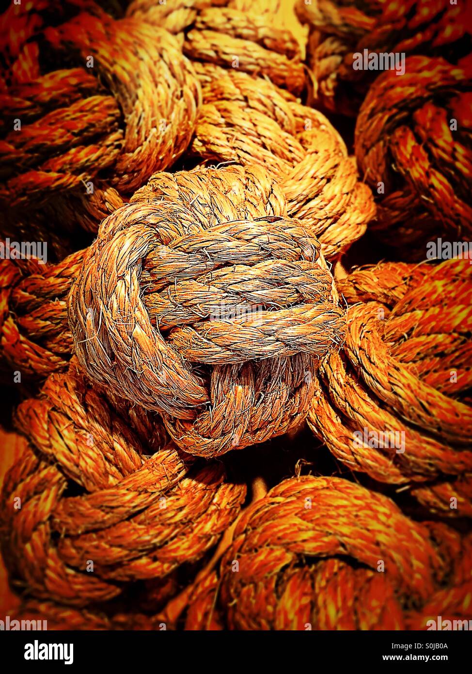 Coarse rope in stylized monkey knot configurations - Smartphone Captured Stock Image