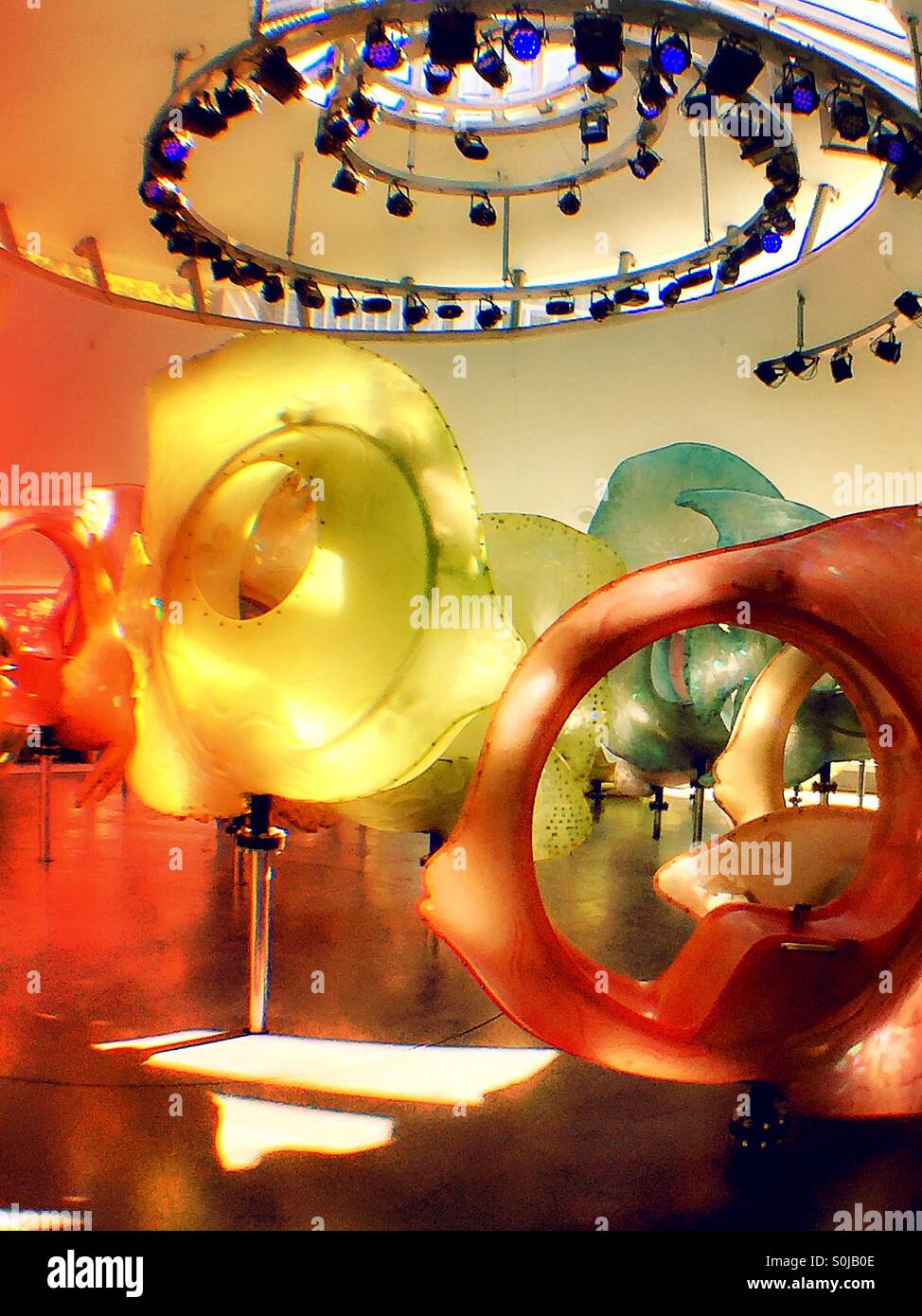 Brightly colored fiberglass fish at the Seaglass carousel in battery