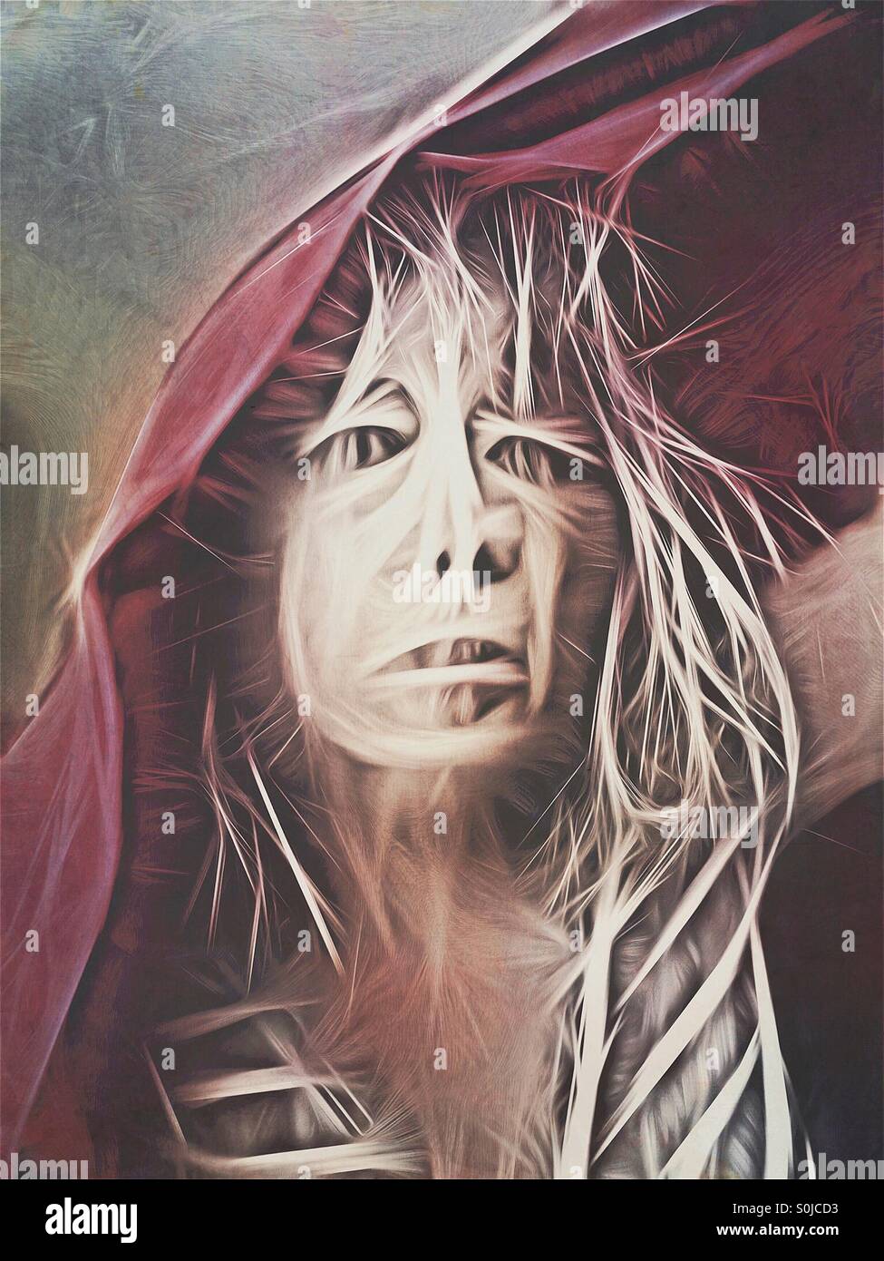 Macabre portrait of a monstrous woman with red cloak Stock Photo Alamy