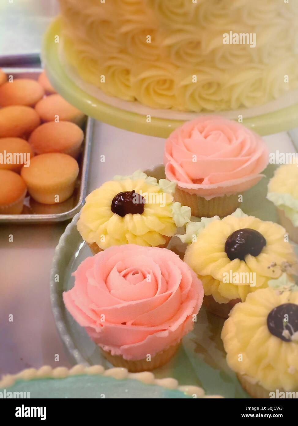 Bakery shop window with cakes and cupcakes. Stock Photo