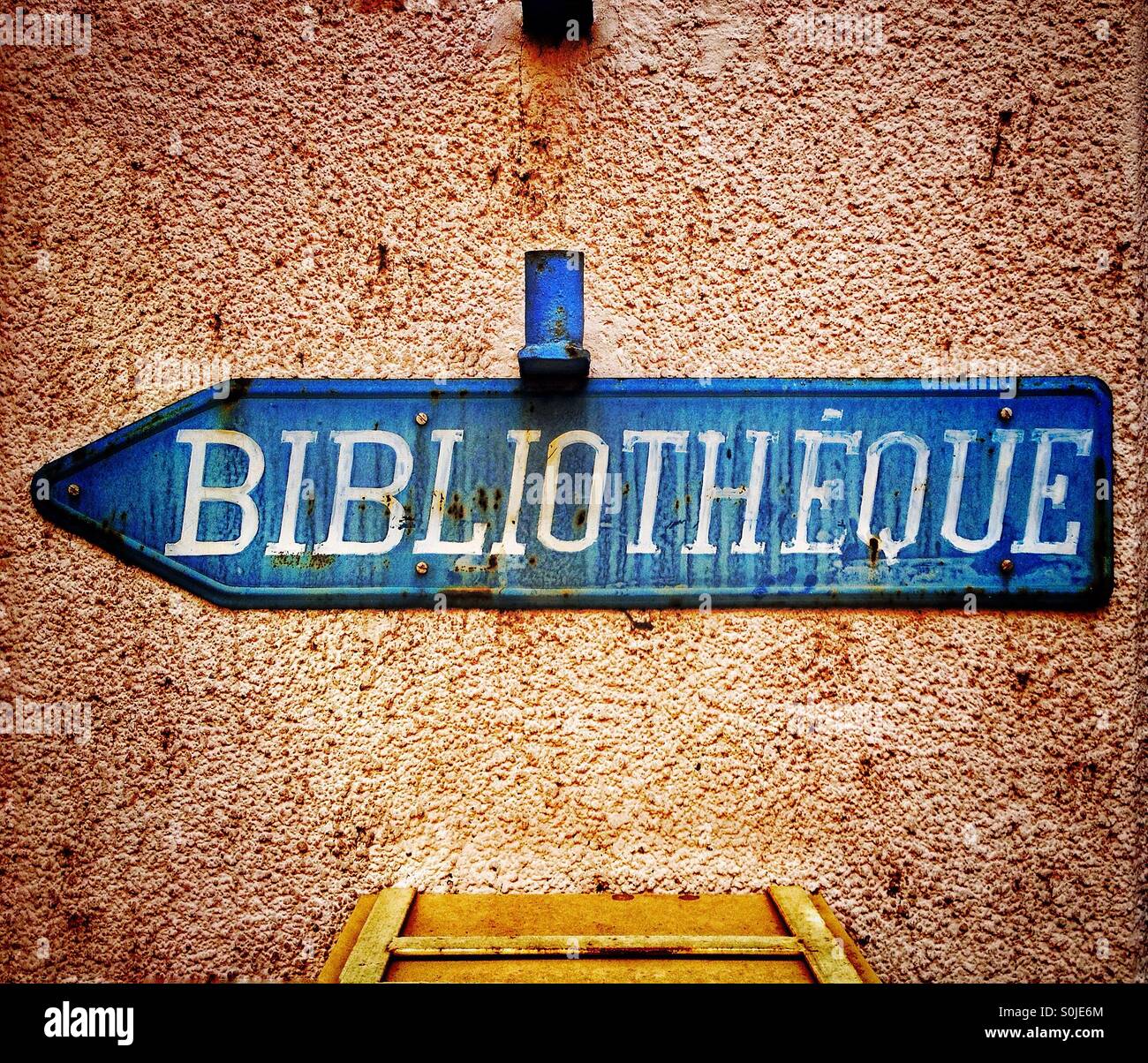 Hand painted bibliotheque sign in Verdun France - Smartphone Captured Stock Image