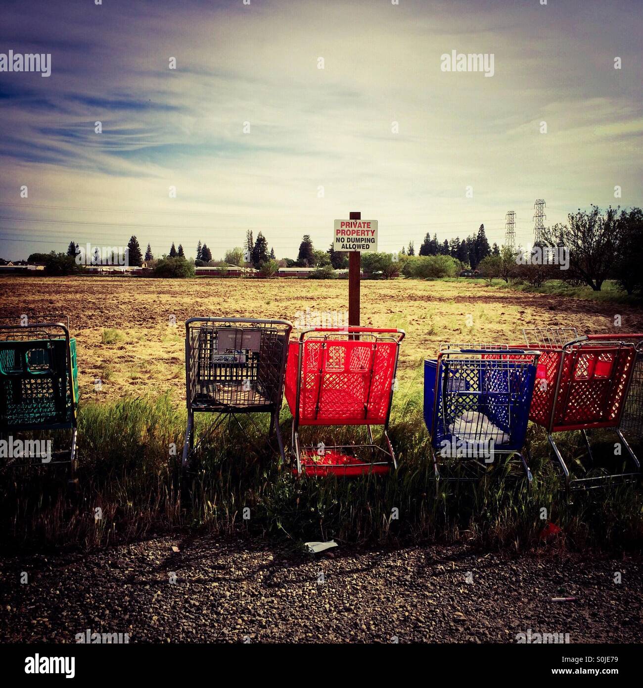 Shopping carts left on the side of a country road in front of a Private Property, No Dumping sign. - Smartphone Captured Stock Image