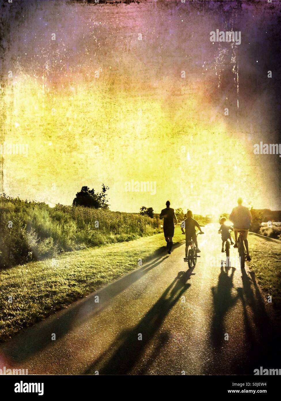 People getting exercise on a park path at the end of day. - Smartphone Captured Stock Image