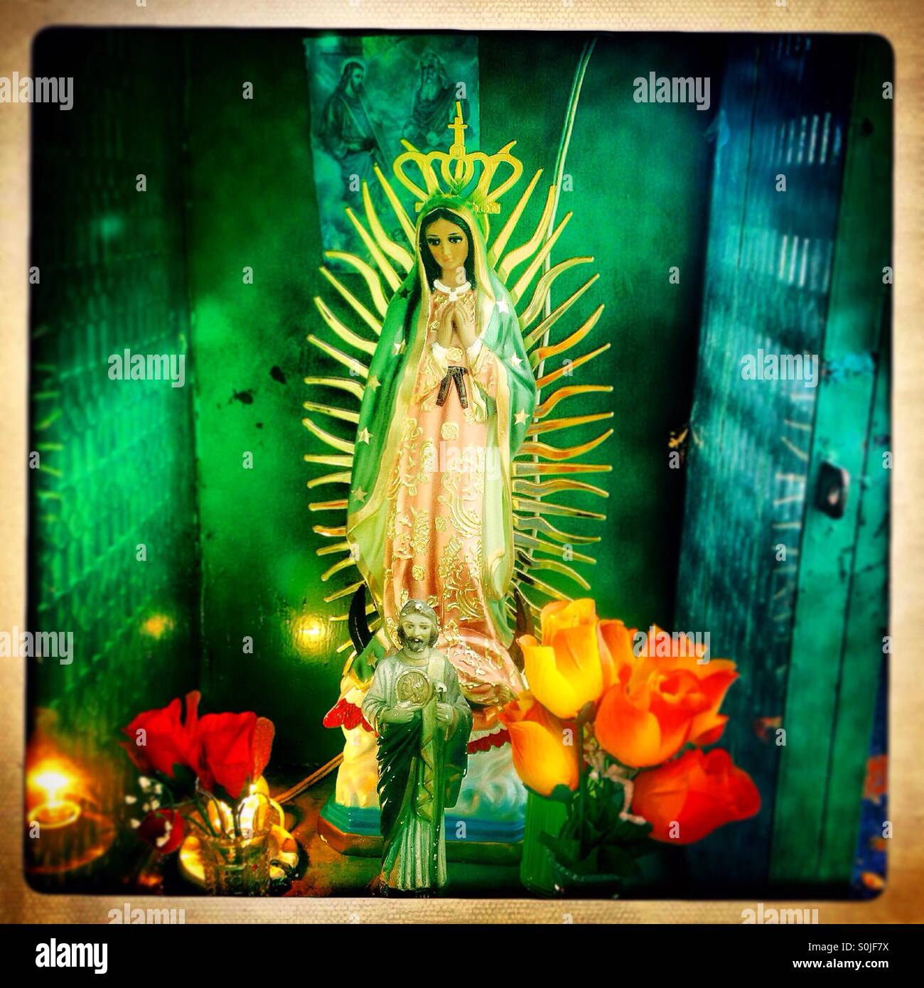 An altar to Our Lady of Guadalupe decorates Puebla street in Colonia Condesa, Mexico City, Mexico Stock Photo