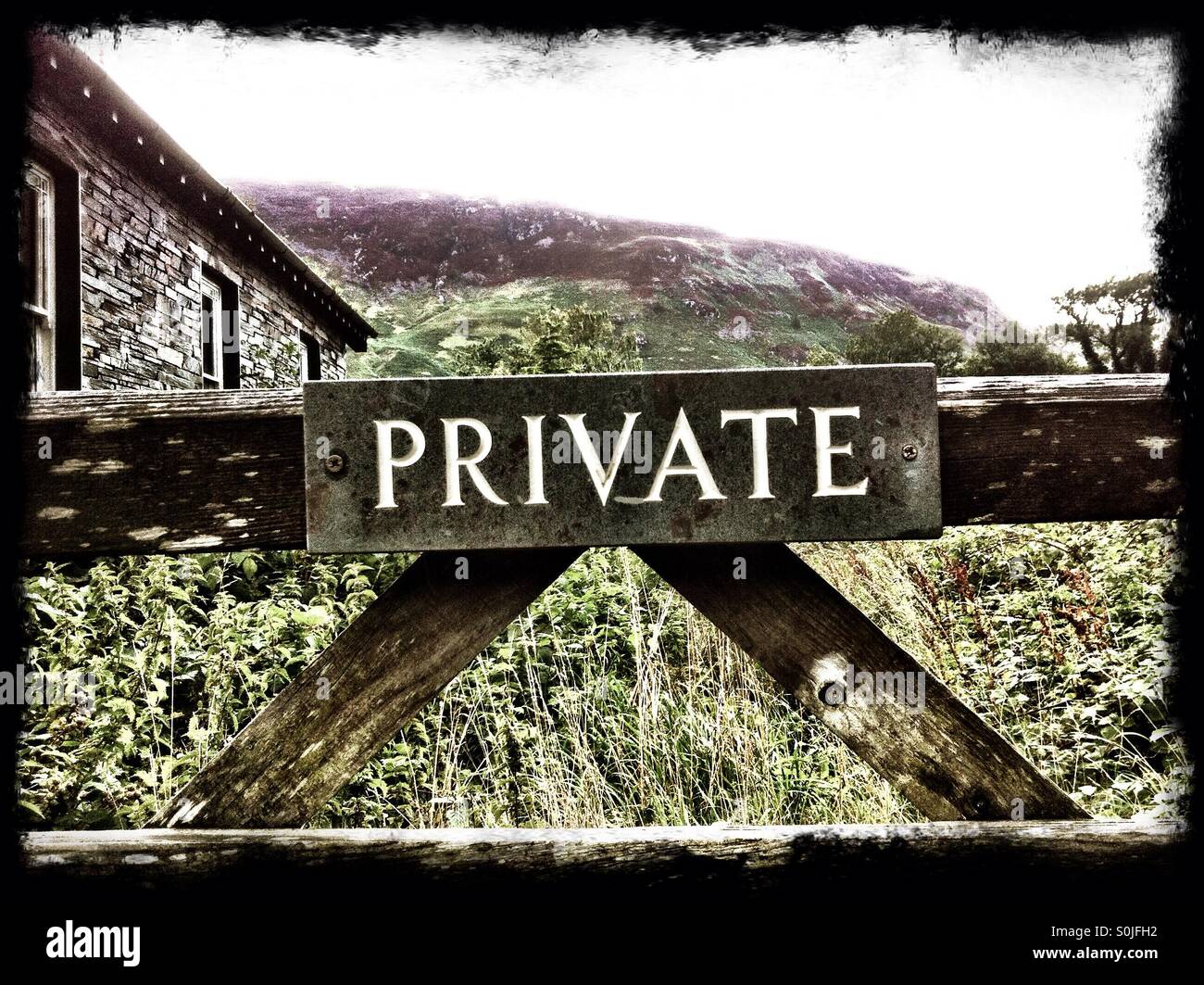 Private sign on a gate, Borrowdale, Cumbria. Stock Photo