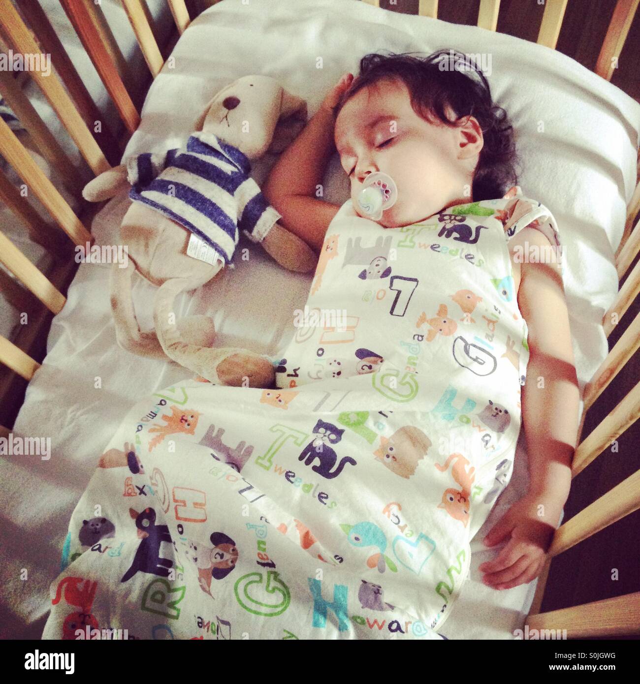 Toddler sleeping in cot with cuddly toy Stock Photo