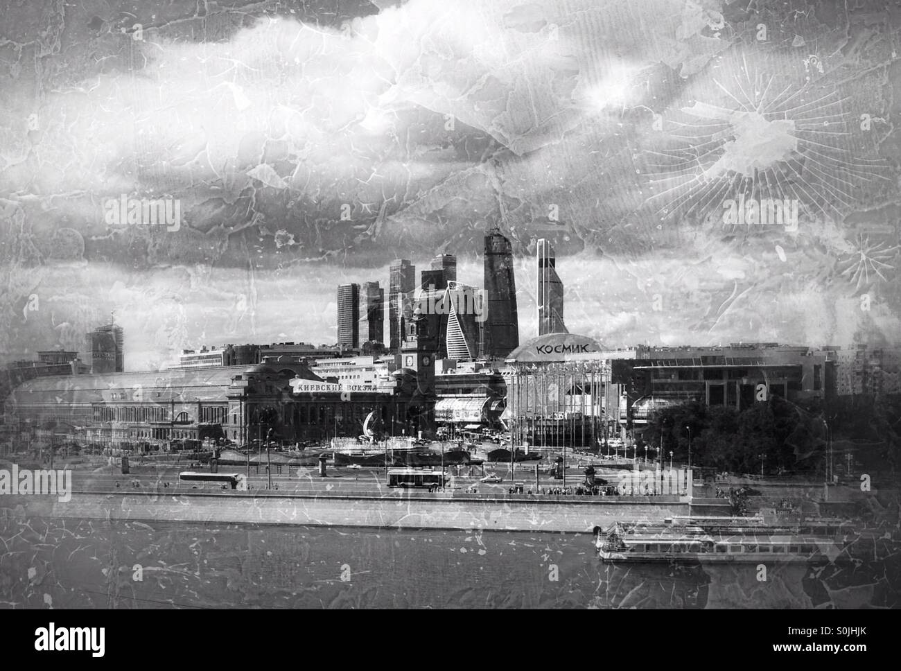 Old style black and white photograph of Evolution Tower skyline in Moscow, Russia Stock Photo