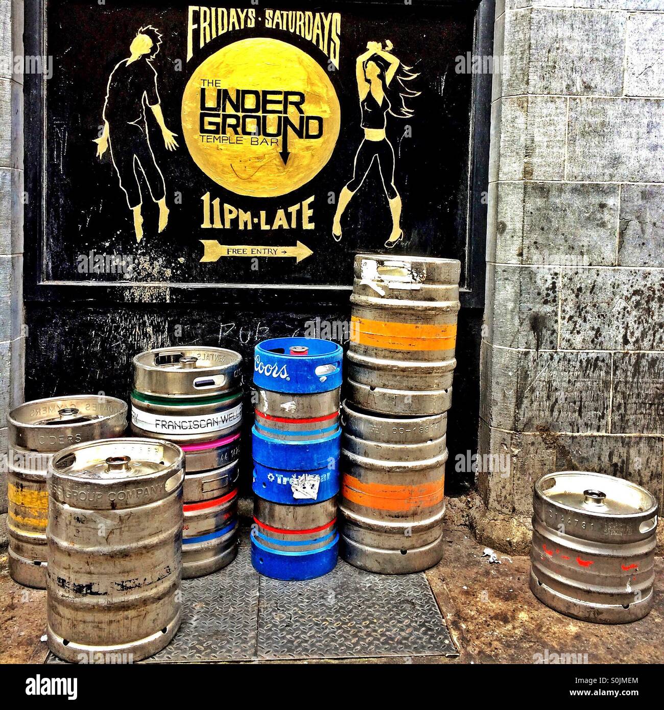 Beer barrels outside The Underground dance club in Temple Bar, Dublin