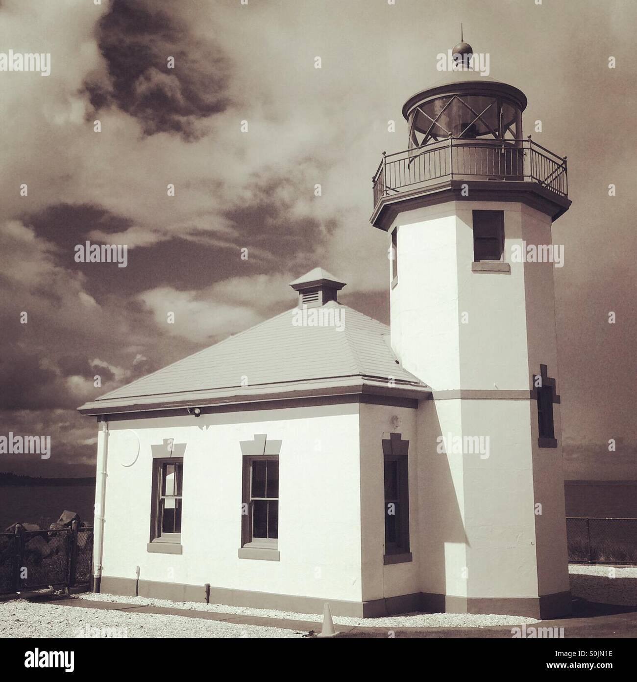 Alki Point Lighthouse, West Seattle, Puget Sound, Pacific Northwest, Seattle, Washington , Built 1913 Stock Photo