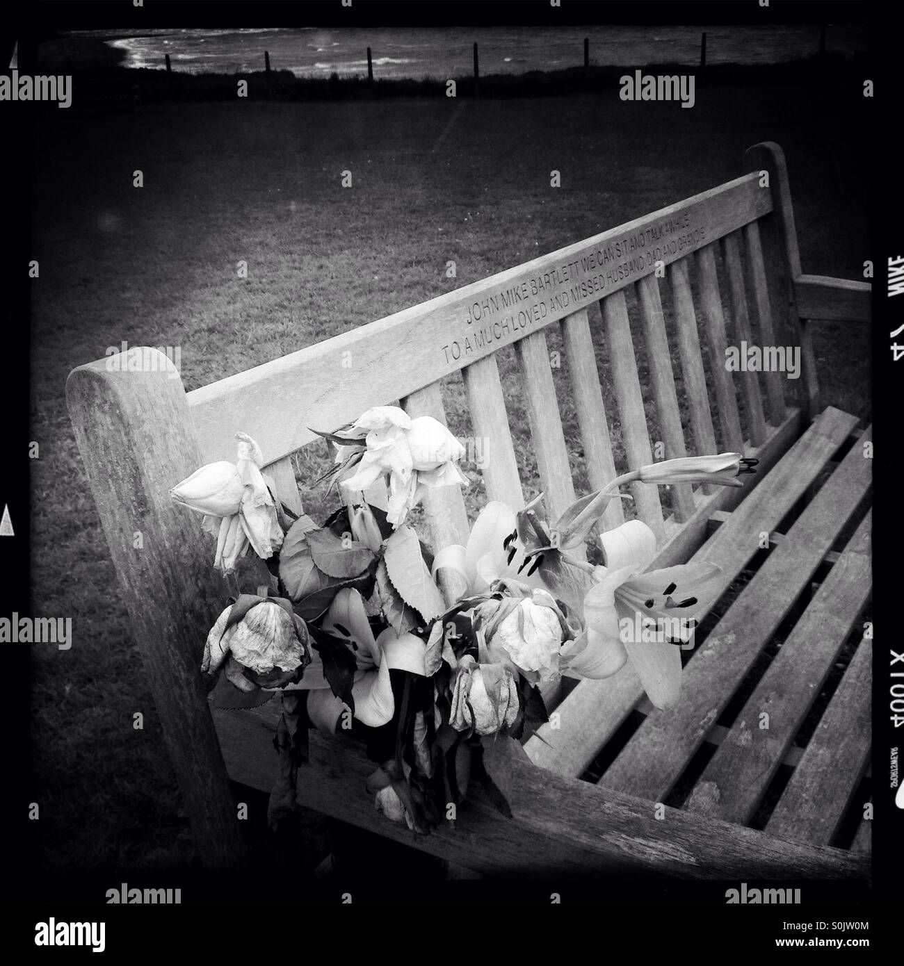 Flowers left on a memorial bench, North Foreland, Kent, - Smartphone Captured Stock Image
