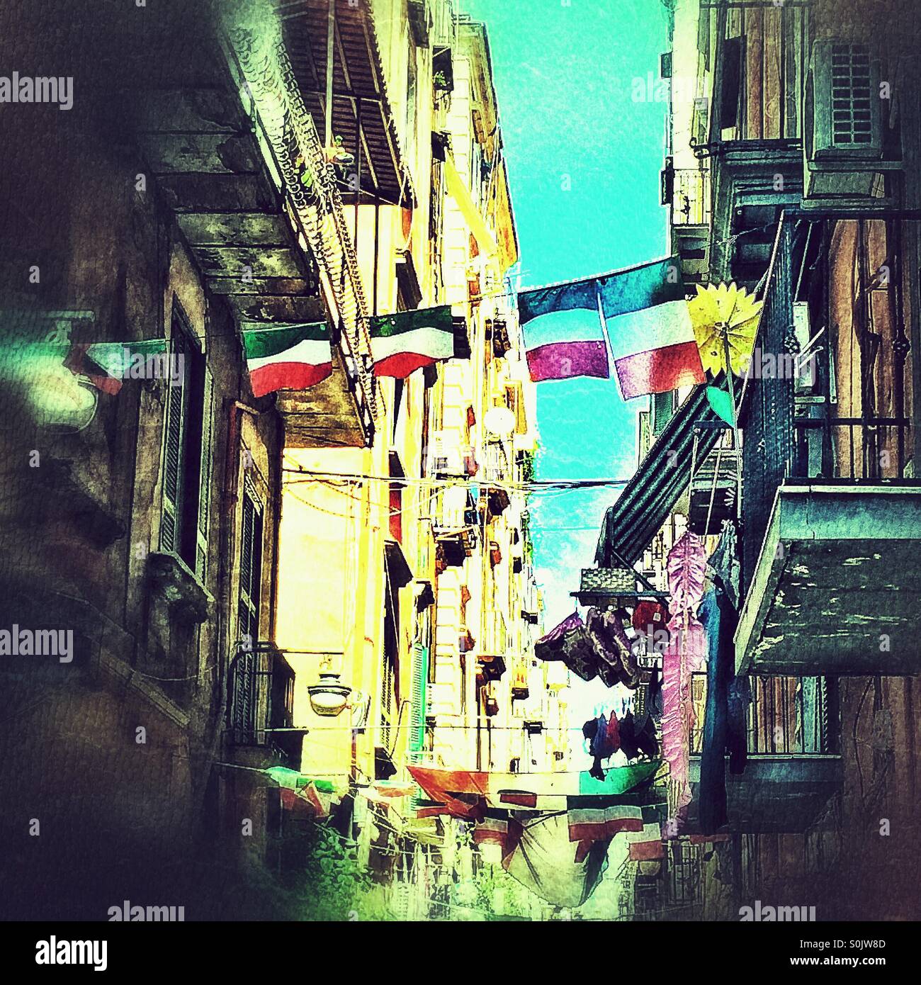 Italian flags across Naples street - Smartphone Captured Stock Image