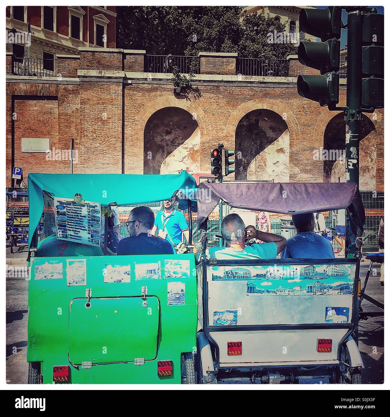 Rickshaw drivers waiting for customers Rome - Smartphone Captured Stock Image