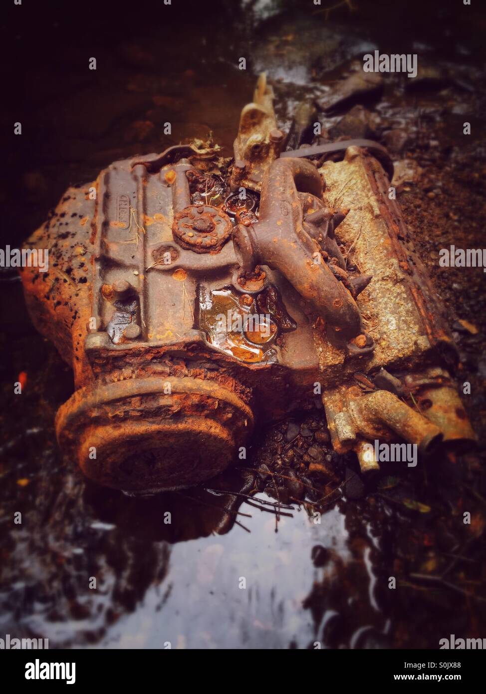 Rusting Engine, an old car engine that has been washed down a stream in the forest, slowly rusting away. - Smartphone Captured Stock Image