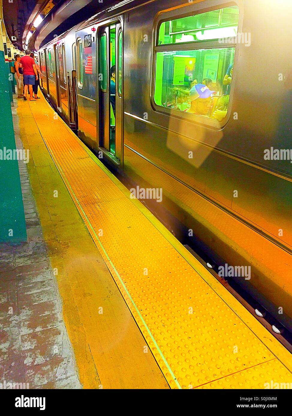 Subway train car stopped at Station New York City. Stock Photo