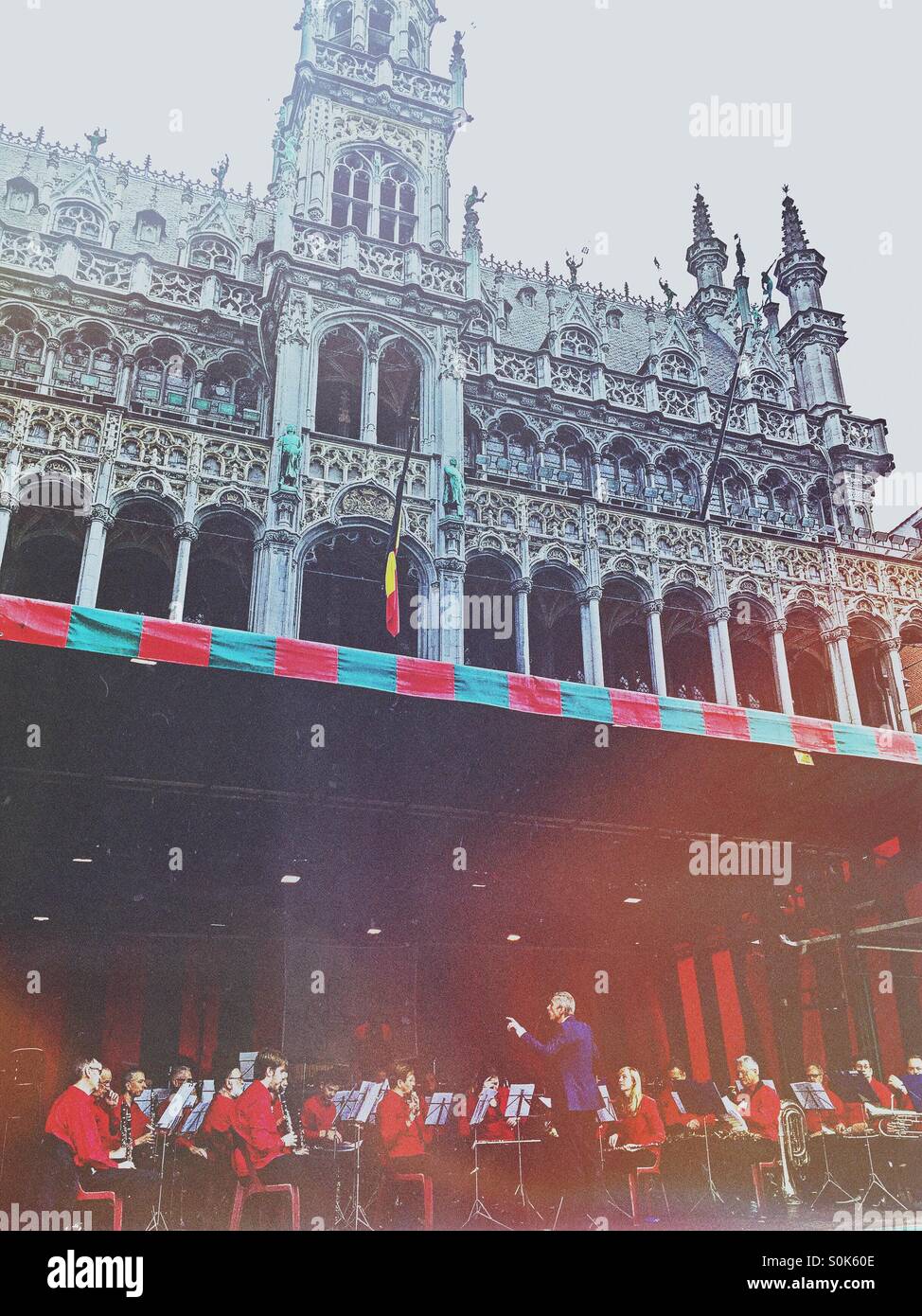 Fanfare orchestra playing music on the Grand Place, Brussels, Belgium - Smartphone Captured Stock Image