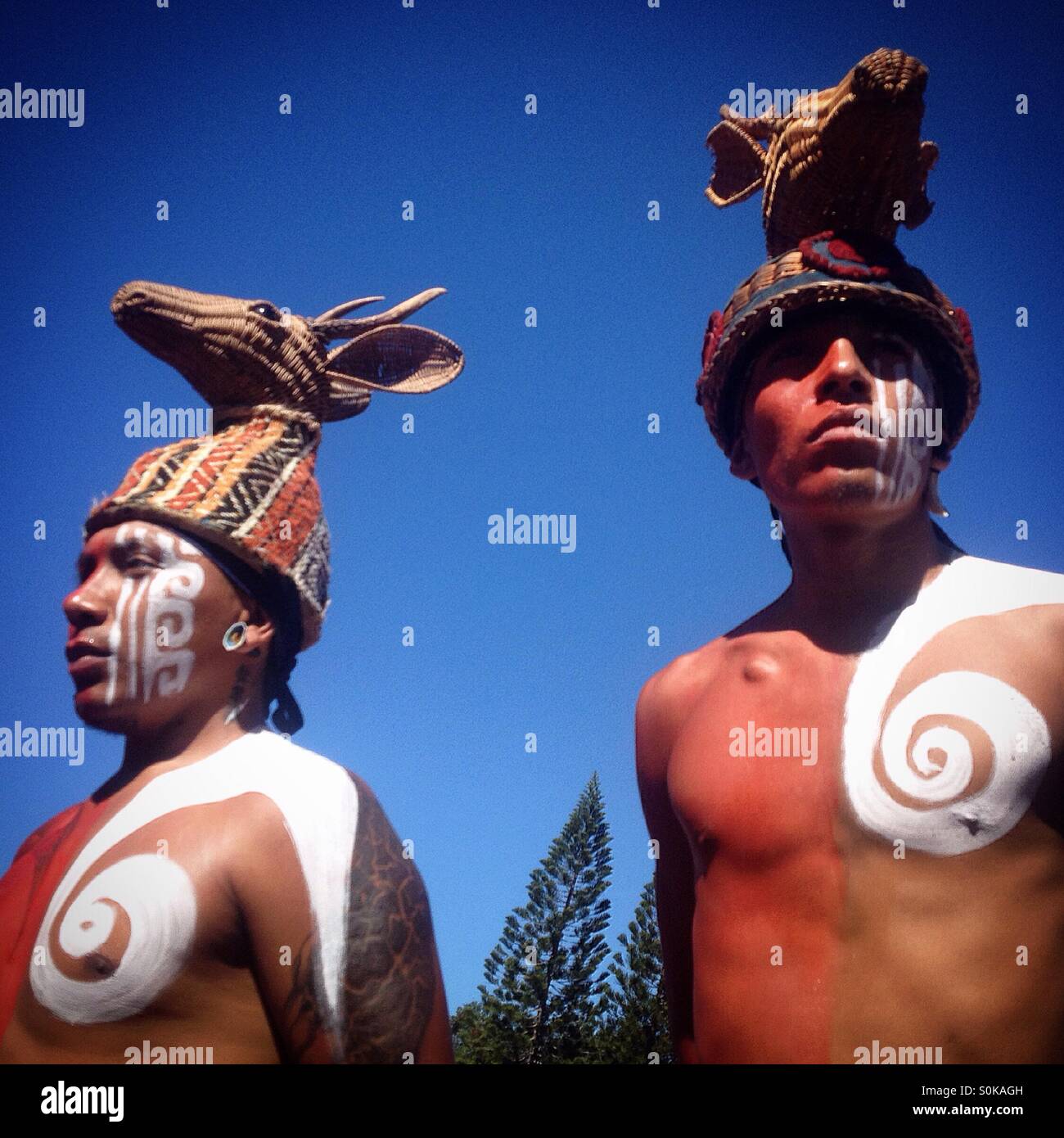 Mayan ball players from Mexico at the opening ceremony of the first ¨Pok Ta Pok¨ Mayan ball game World Cup en Piste, Tinum, Yucatan, Mexico. Stock Photo