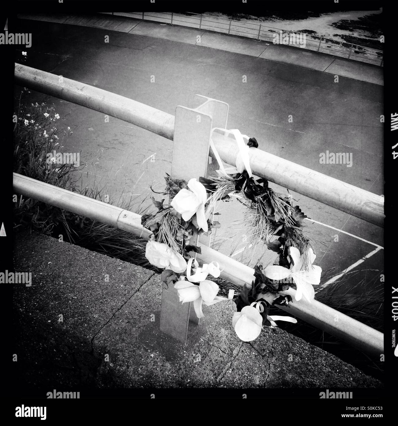 Wreath tied to railings on Margate seafront - Smartphone Captured Stock Image