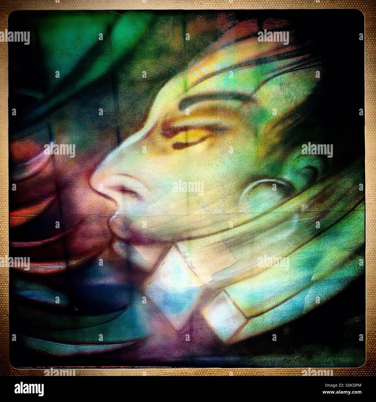 A painting of a Mayan decorates the court of the first Pok ta Pok World Cup in Piste, Tinum, Yucatan, Mexico. Pok ta Pok is the Mayan Ball Game. - Smartphone Captured Stock Image