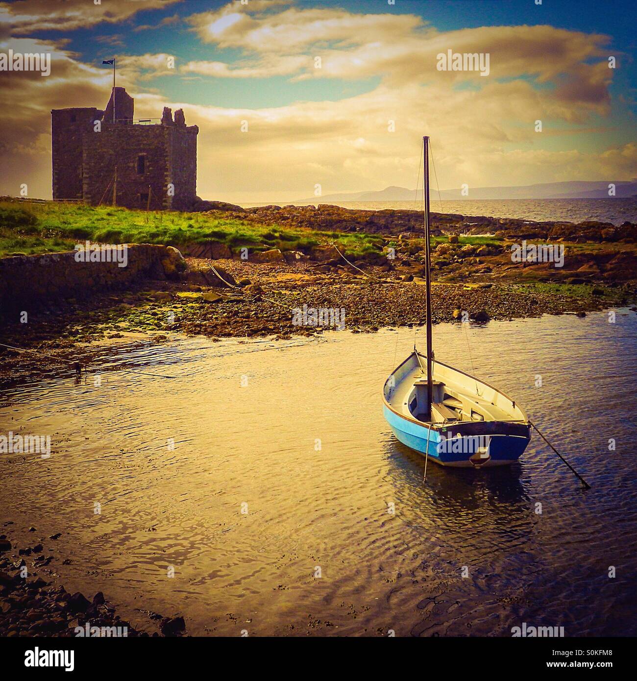 Portencross harbour and castle at sunset, Ayrshire,Scotland - Smartphone Captured Stock Image