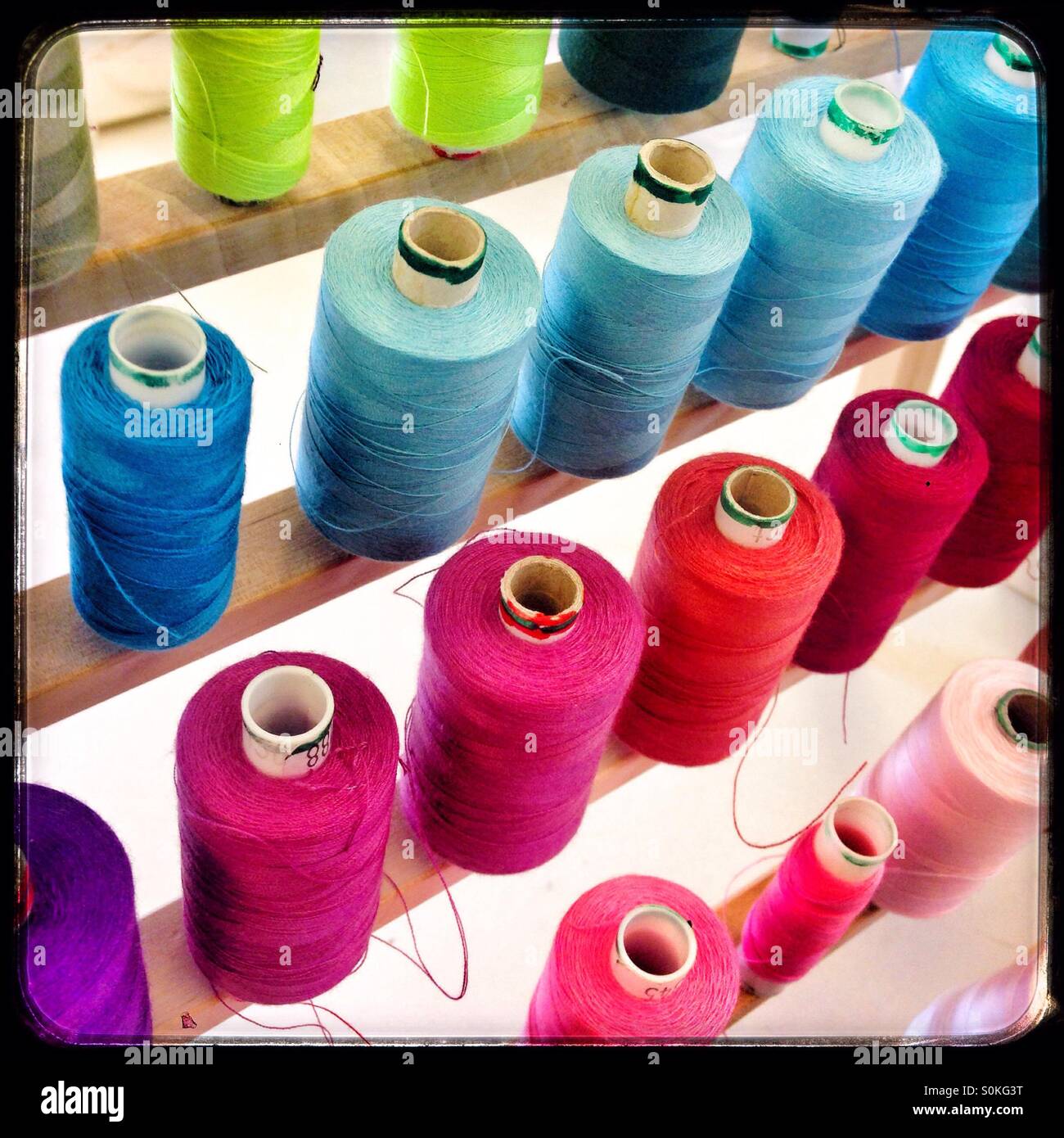 Colorful assortment of sewing thread spools organized by shade in a bright workspace - Smartphone Captured Stock Image