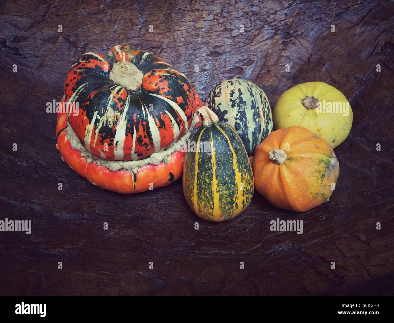 Gourds on a wooden platter. - Smartphone Captured Stock Image